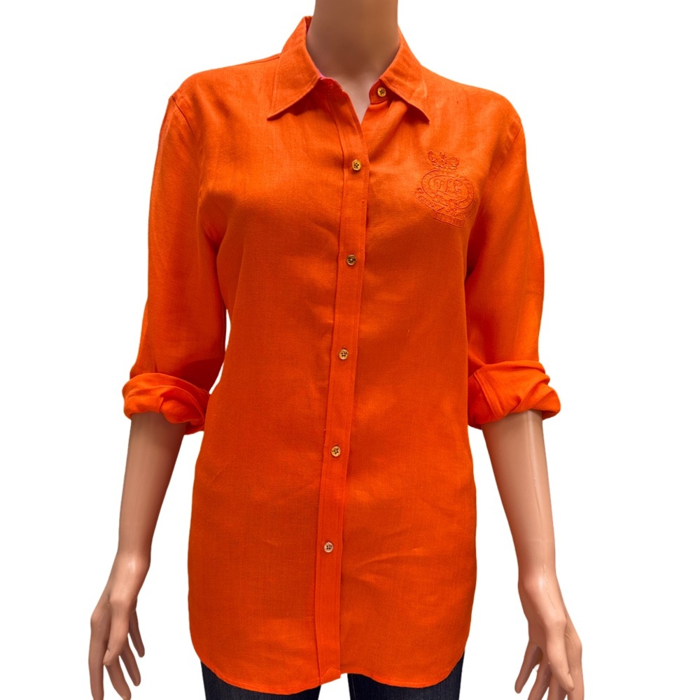 Lauren Ralph Lauren Orange Button-Up Women's Linen Top Large